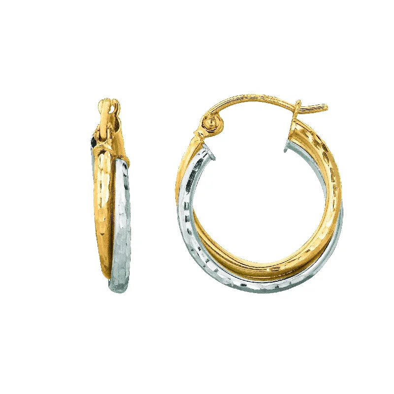 Women’s silver dangling earrings-14K Yellow And White Gold Diamond Cut Double Row Hoop Earrings, Diameter 17mm