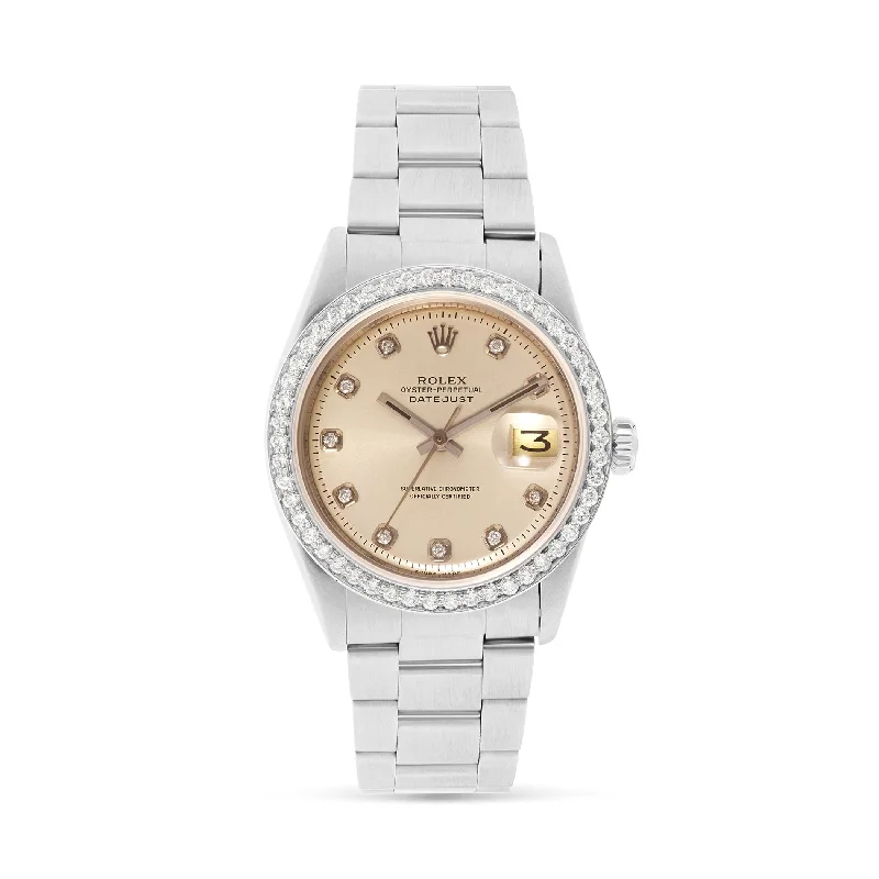 Women’s gold band engagement ring-Rolex DateJust 36 mm with Diamond Bezel & Diamond Dot Hour Markers