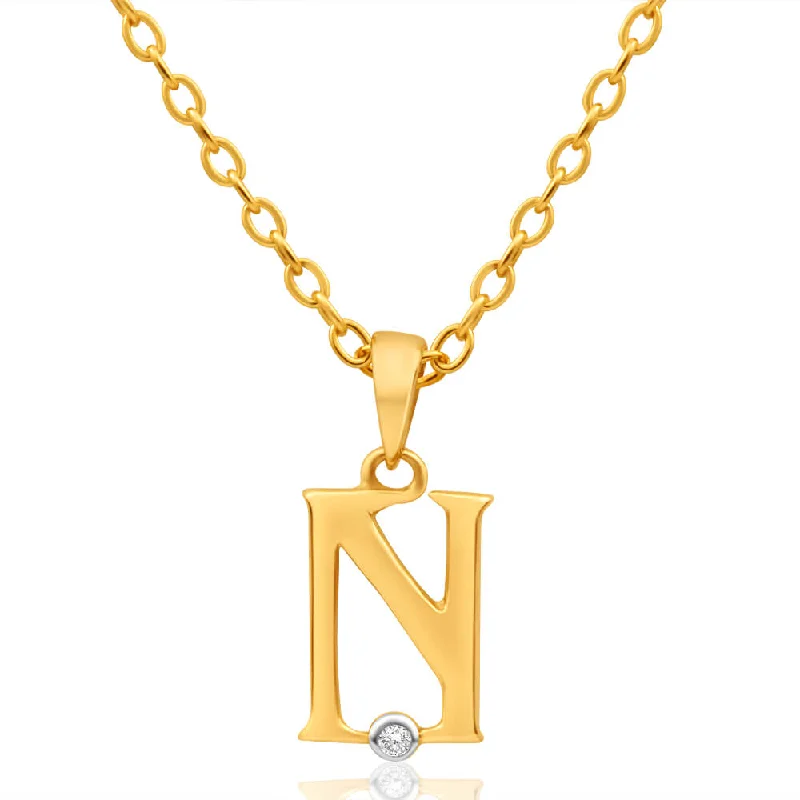 Women’s fine gold necklace-9ct Yellow Gold Pendant Initial N set with Diamond