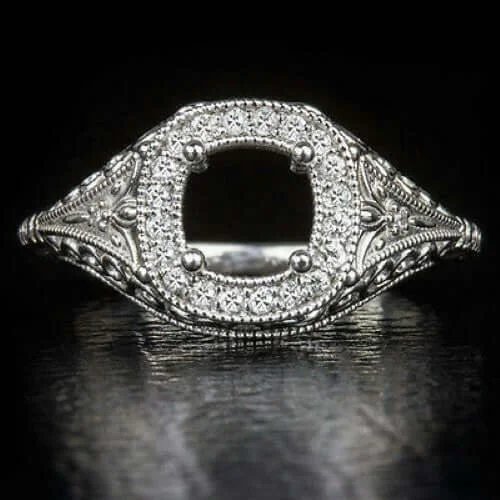 Women’s vintage-inspired diamond engagement ring-DIAMOND SEMI-MOUNT ART DECO COCKTAIL RING ROUND VINTAGE STYLE FILIGREE 6.5m