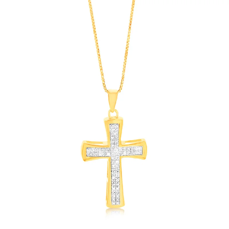 Women’s flower necklace-Gold Plated Sterling Silver 1/10 Carat Diamond Cross Pendant on 45cm Chain