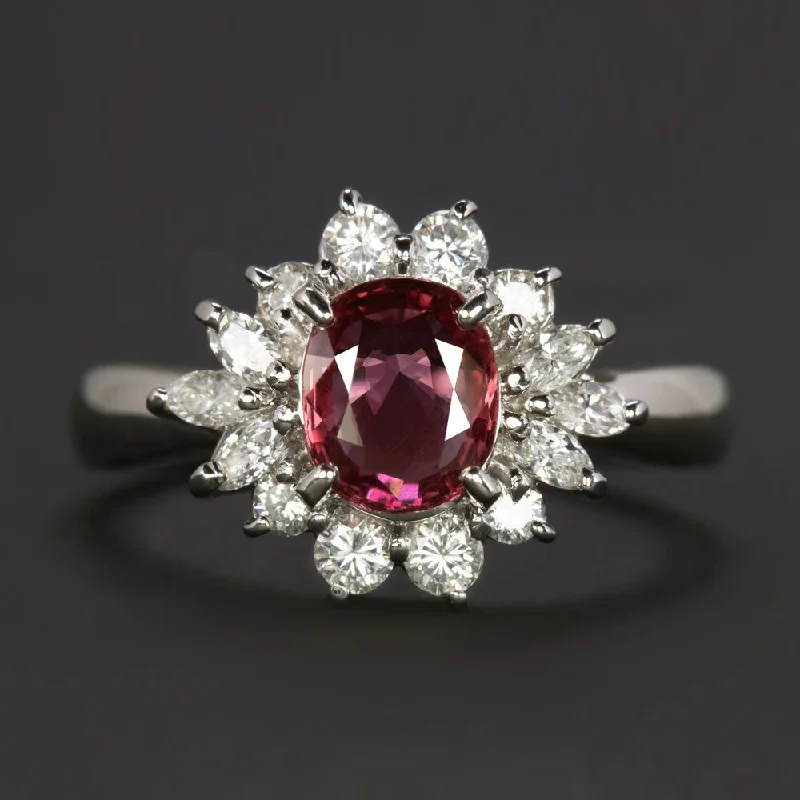 Women’s simple engagement ring-1.64ct RUBY DIAMOND COCKTAIL RING PLATINUM HALO OVAL NATURAL OVAL SHAPE CLUSTER