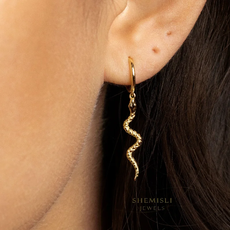 Women’s stylish earrings-Long Serpent Dangle Hoop Earrings, Snake Huggies, Gold, Silver SHEMISLI - SH108 LR