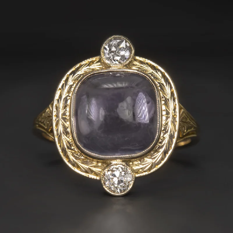 Women’s affordable engagement ring-VINTAGE AMETHYST DIAMOND COCKTAIL RING HAND ENGRAVED 14k YELLOW GOLD CABOCHON