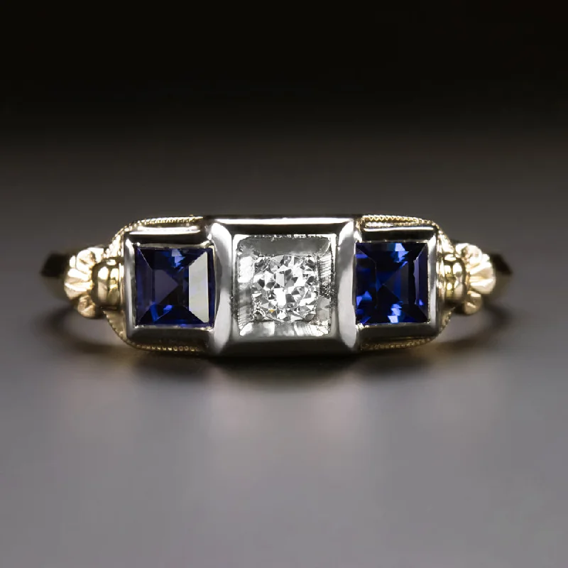 Women’s antique engagement ring-VINTAGE DIAMOND SAPPHIRE COCKTAIL RING TWO TONE 14k YELLOW WHITE GOLD ESTATE