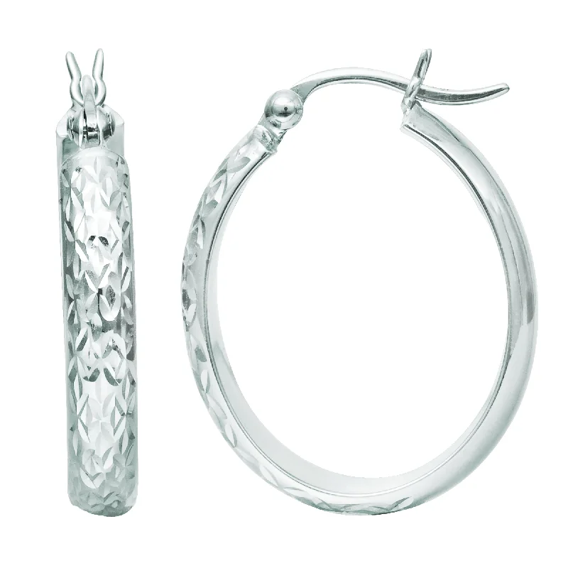 Women’s vintage earrings-14K White Gold Hammered Polished  Oval Hoop Earrings