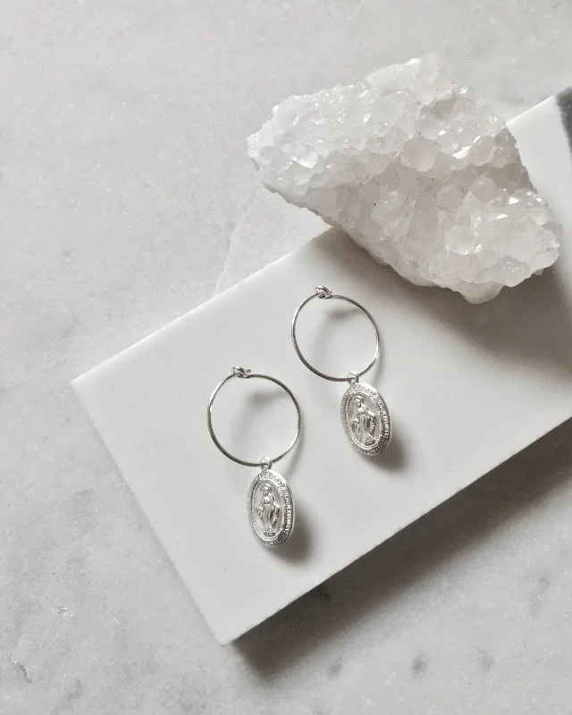 Women’s stud diamond earrings-Miraculous Medal Hoop Earrings - Sterling Silver