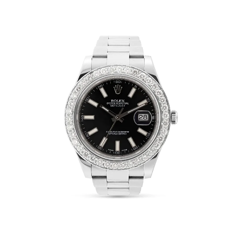 Women’s cushion diamond engagement ring-Rolex DateJust 41 mm with Diamond Bezel & Black Dash Dial