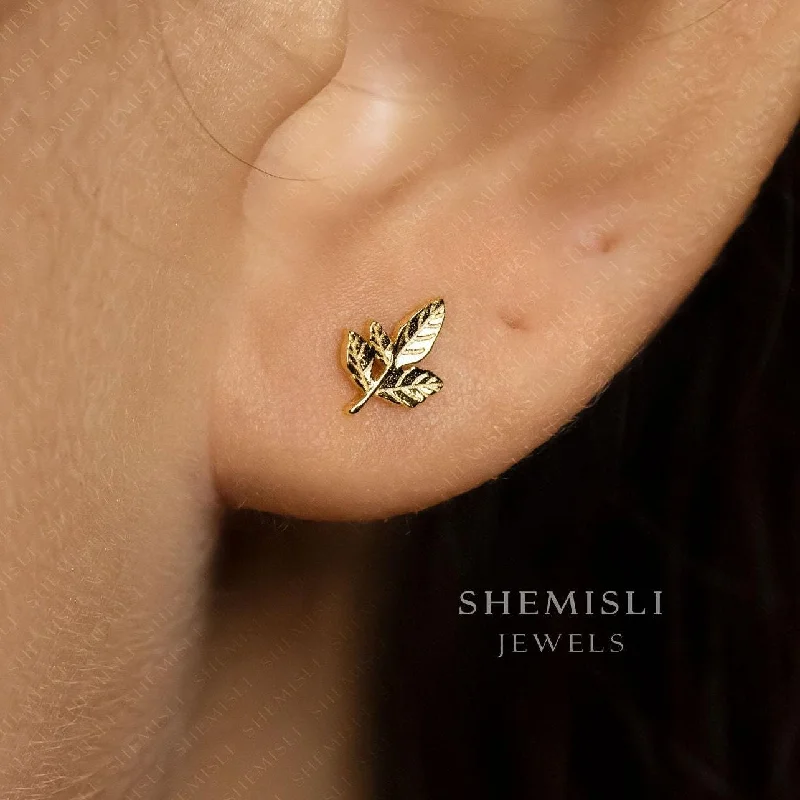 Women’s custom gold earrings-Tiny Leaf Stud Earrings, Gold, Silver SHEMISLI SS187 LR