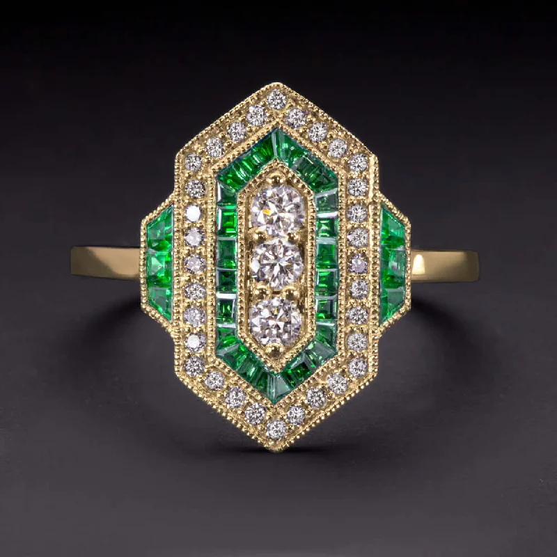 Women’s yellow gold engagement ring-DIAMOND EMERALD VINTAGE STYLE RING ART DECO YELLOW GOLD COCKTAIL ANTIQUE NATURAL