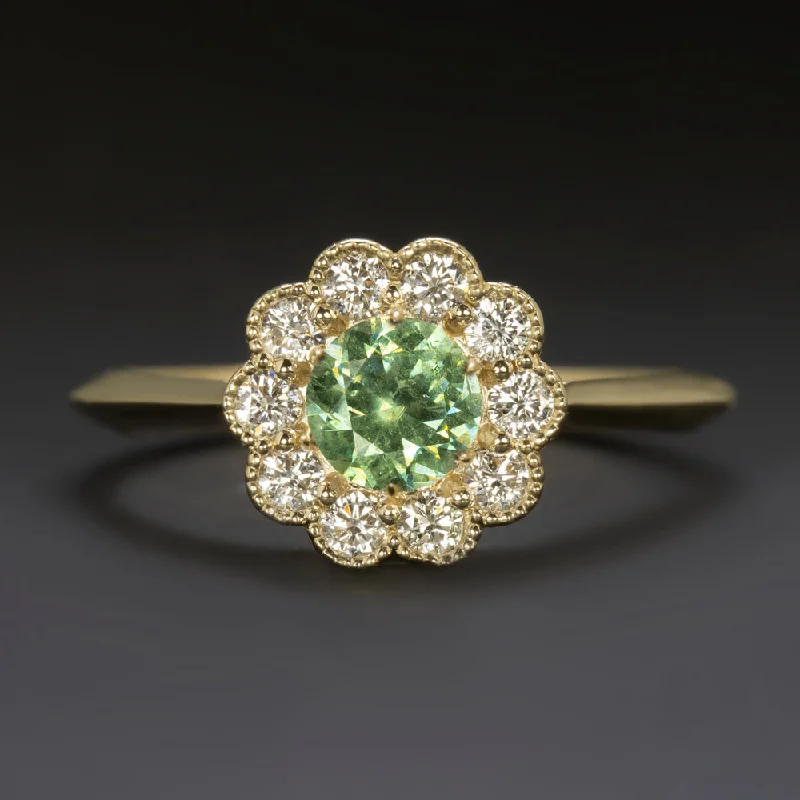 Women’s oval-cut engagement ring-DEMANTOID GARNET DIAMOND COCKTAIL RING SCALLOPED HALO 14k YELLOW GOLD NATURAL