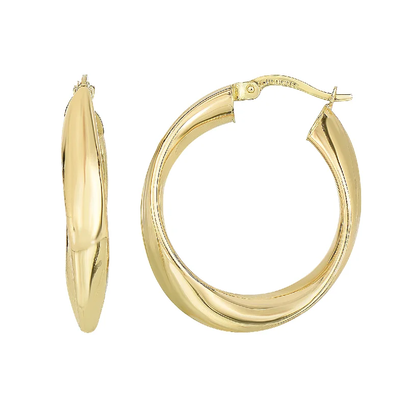 Women’s red gemstone earrings-14K Yellow Gold Shiny Twisted Oval Hoop Earrings, Diameter 21mm