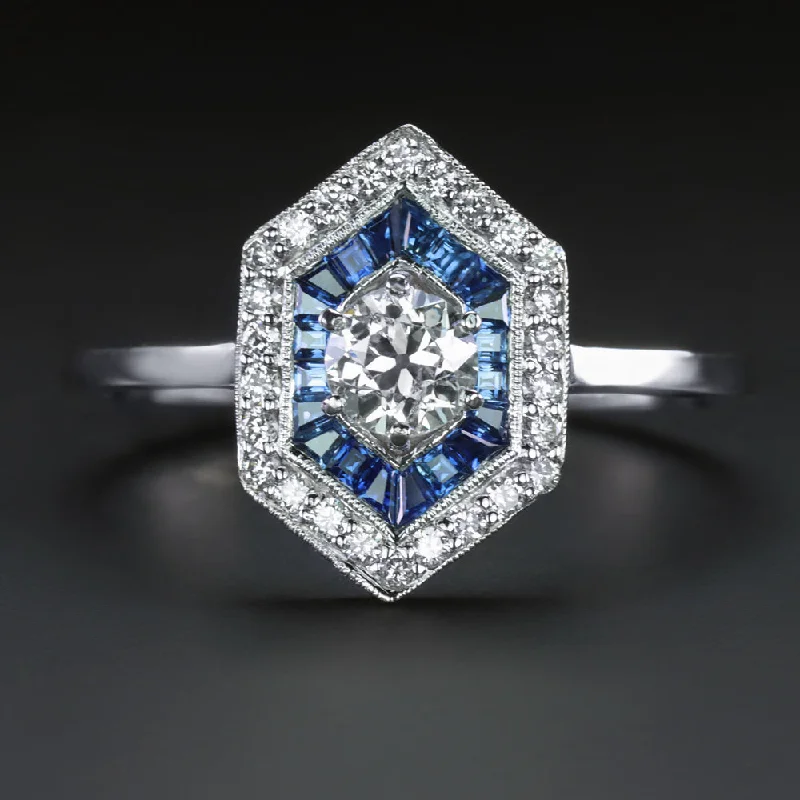 Women’s platinum engagement ring-DIAMOND SAPPHIRE ART DECO STYLE COCKTAIL RING HEXAGON DOUBLE HALO 14k WHITE GOLD