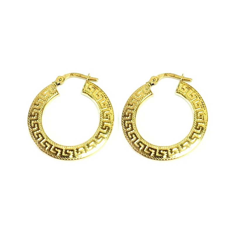 Women’s unique earrings-14K Yellow Gold Small Greek Key Textured Hoop Earrings, Diameter 22mm