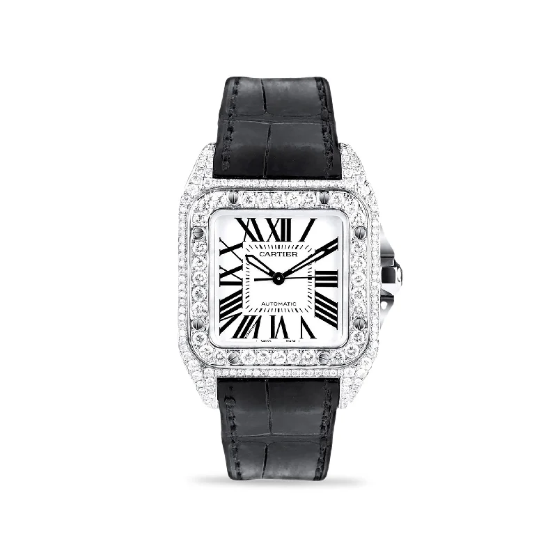 Women’s engraved engagement ring-Cartier Santos 100 Stainless Steel Diamond Watch Leather Band