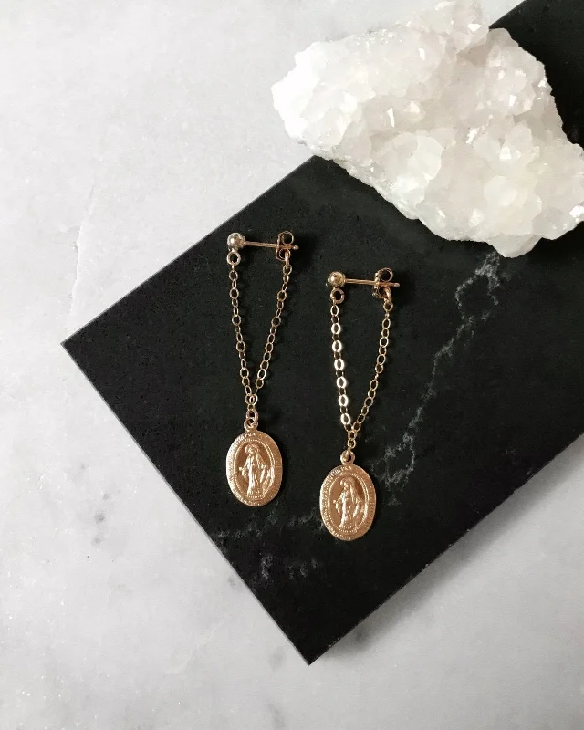 Women’s silver stud earrings-Miraculous Medal Long Chain Stud Earrings - 14k Yellow Gold Fill