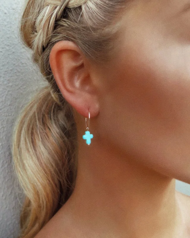 Women’s moonstone earrings-Turquoise Cross Hoop Earrings