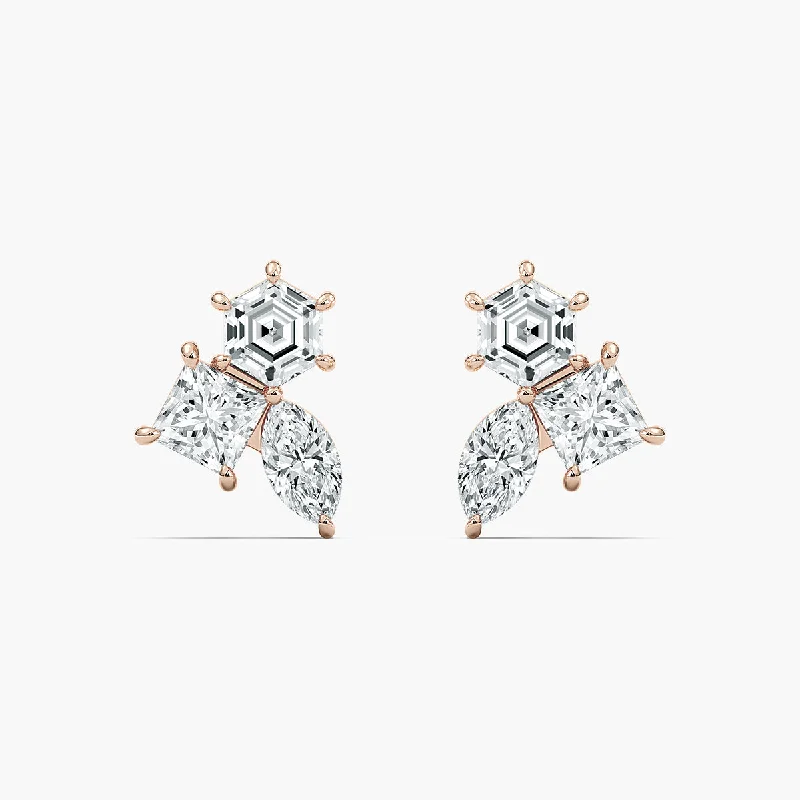 Women’s statement gemstone earrings-Three Stone Stud Lab Grown Diamond Earrings - Hexagon, Marquise And Lozenge