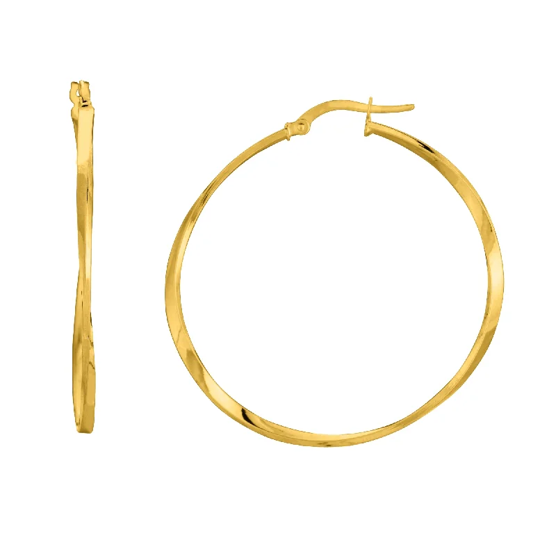 Women’s sapphire earrings-14K Yellow Gold Shiny Squaretube Twisted Hoop Earrings, Diameter 40mm