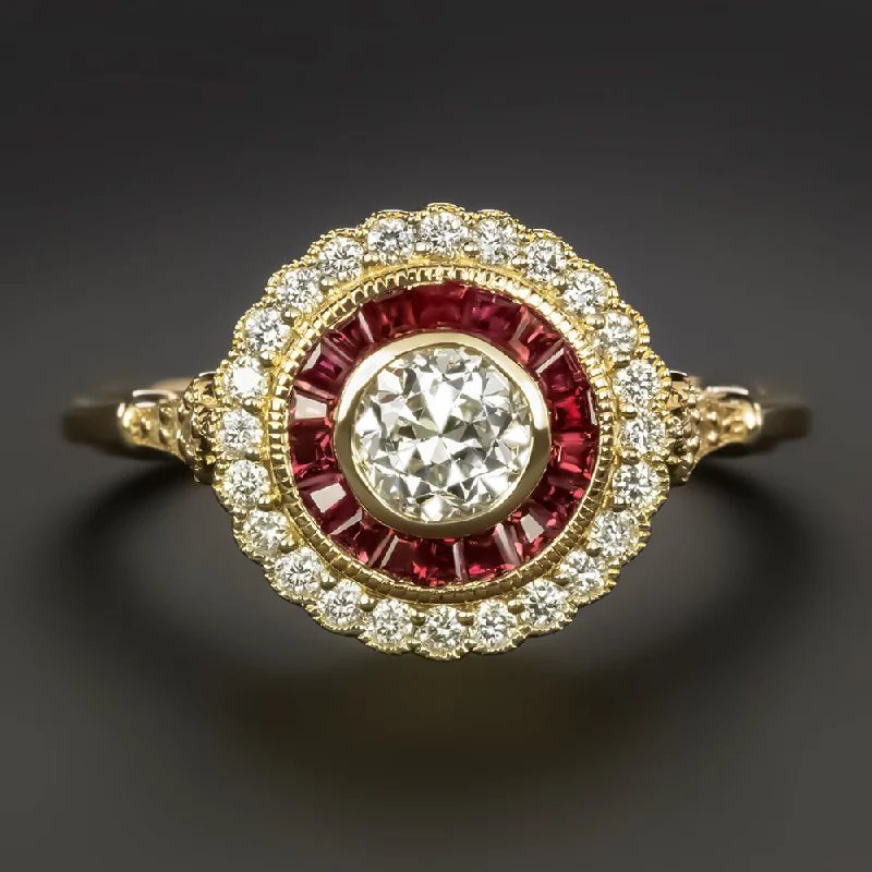 Women’s ruby engagement ring-OLD EUROPEAN CUT DIAMOND RUBY COCKTAIL RING VINTAGE STYLE DOUBLE HALO 14k GOLD