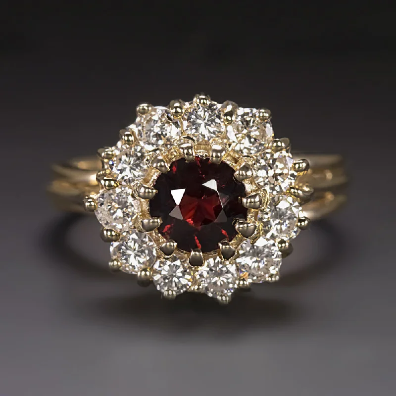 Women’s oval engagement ring-GARNET DIAMOND COCKTAIL RING 14k YELLOW GOLD HALO CLUSTER RED ROUND CUT NATURAL