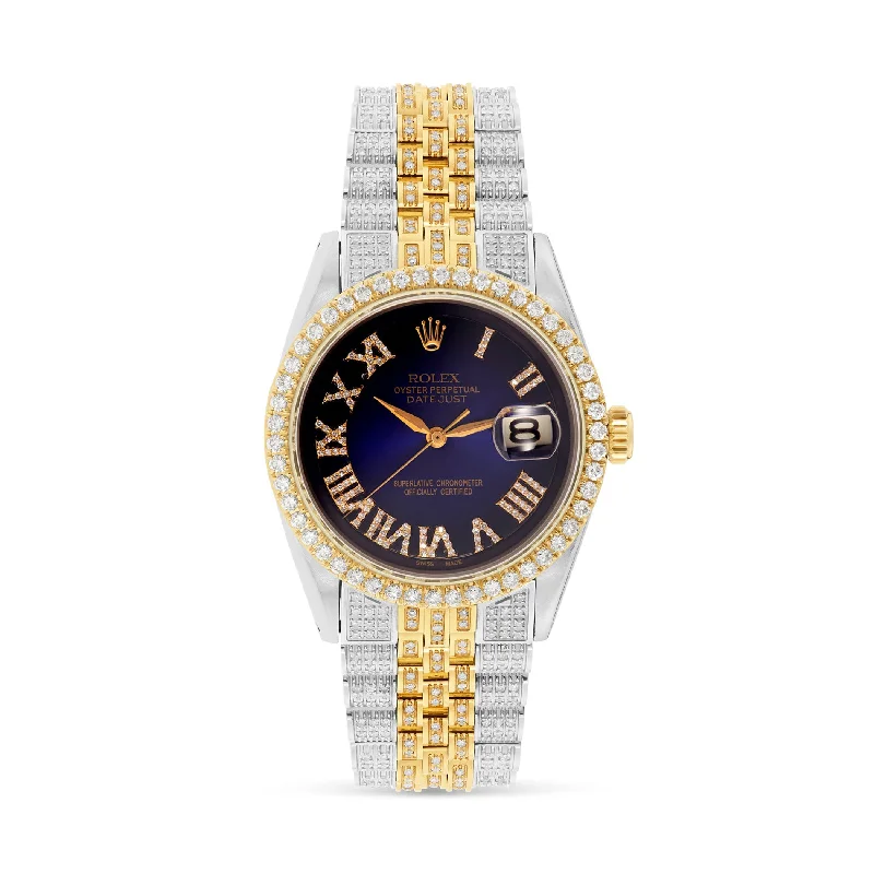 Women’s halo diamond engagement ring-Rolex DateJust 36 mm Fully Iced Out with Diamond Bezel & Blue Dial