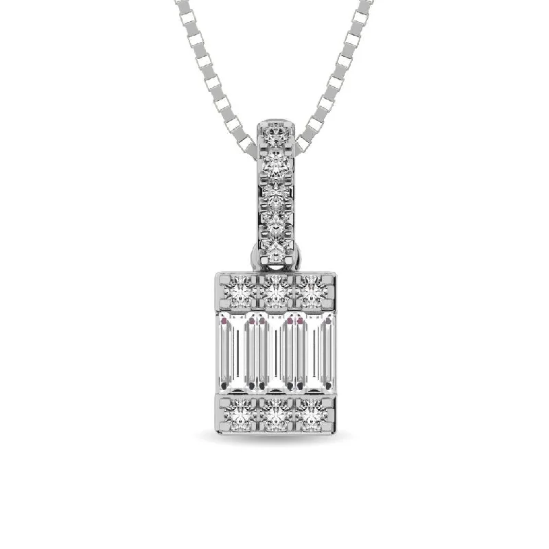 Women’s rose gold necklace-Diamond 1/6 Ct.Tw. Round and Baguette Fashion Pendant in 14K White Gold