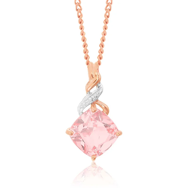 Women’s bold necklace-9ct Rose Gold Created Peach Sapphire and Diamond Cushion Cut Pendant