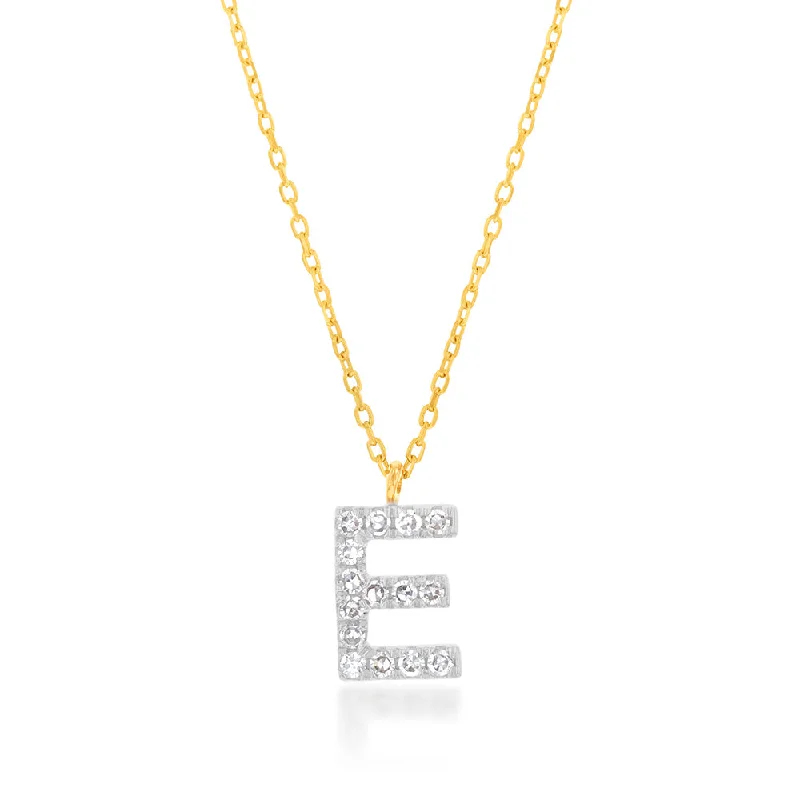 Women’s meaningful necklace-Luminesce Lab Diamond E Initial Pendant in 9ct Yellow Gold with Adjustable 45cm Chain