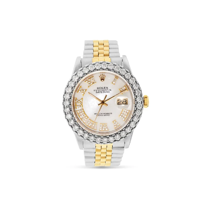 Women’s halo engagement ring-Rolex DateJust 36 mm Mother of Pearl Dial & Diamond Bezel