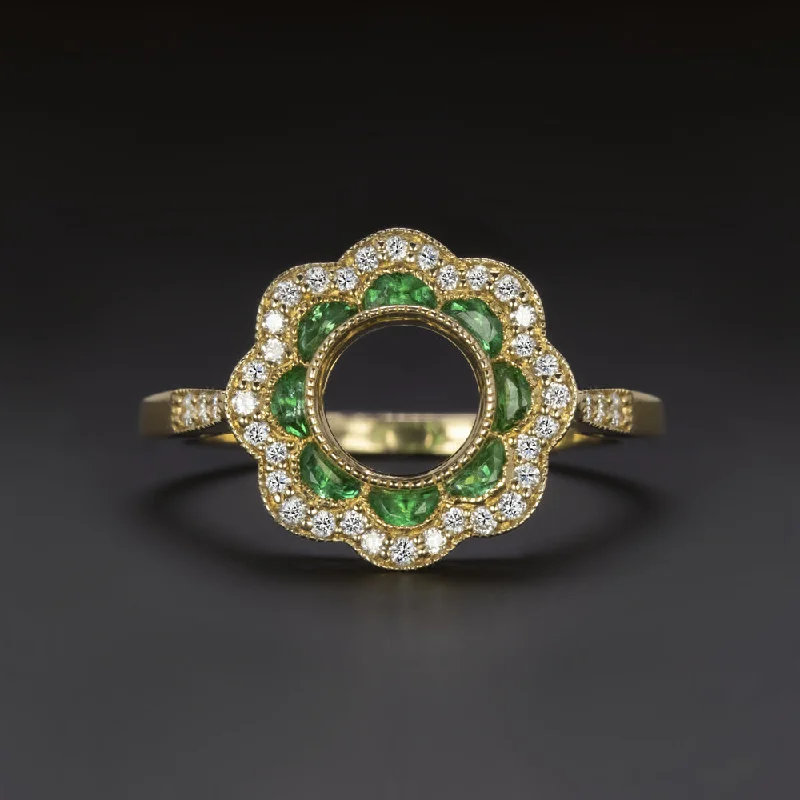 Women’s detailed engagement ring-DIAMOND EMERALD FLOWER HALO RING SETTING 6mm MOUNT VINTAGE STYLE YELLOW GOLD