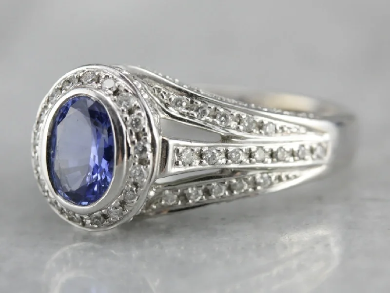 Women’s two-tone diamond engagement ring-Tanzanite Pave Diamond White Gold Ring