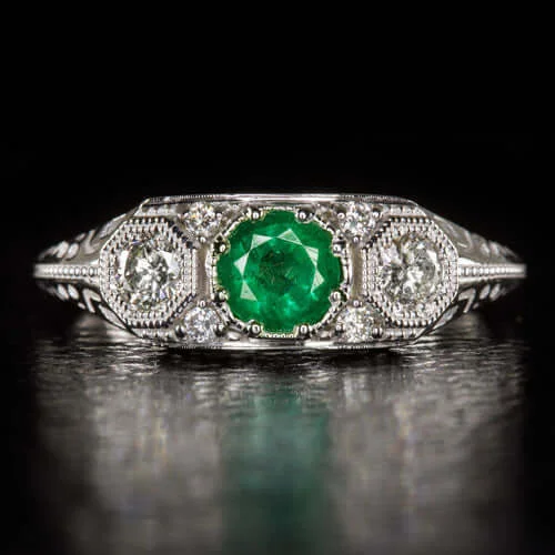 Women’s classic solitaire engagement ring-EMERALD DIAMOND ART DECO RING VINTAGE STYLE 3 STONE WHITE GOLD GREEN COCKTAIL