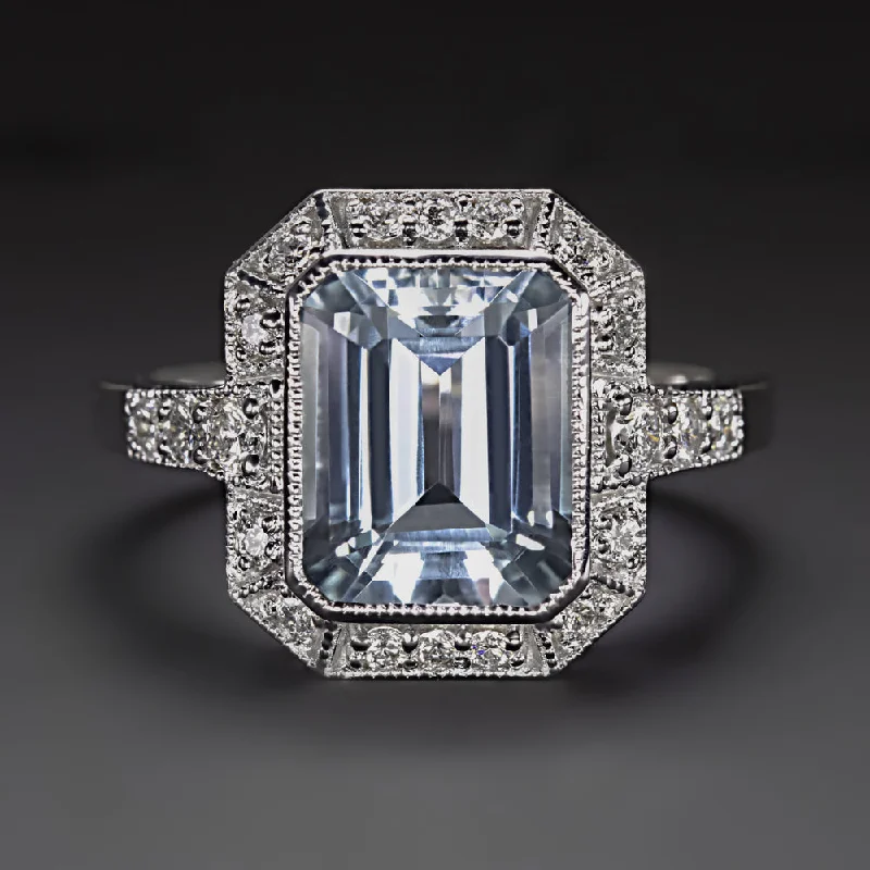 Women’s double halo engagement ring-3ct AQUAMARINE DIAMOND COCKTAIL RING VINTAGE STYLE HALO WHITE GOLD EMERALD CUT