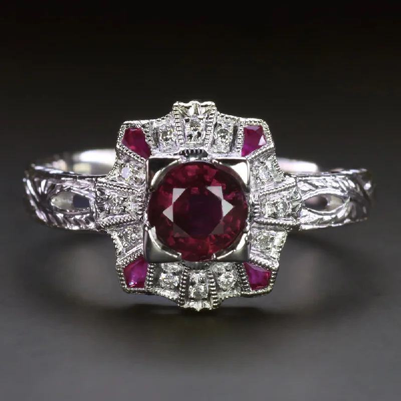 Women’s platinum wedding and engagement ring-VINTAGE RUBY DIAMOND COCKTAIL RING PLATINUM HAND ENGRAVED HALO NATURAL ROUND RED