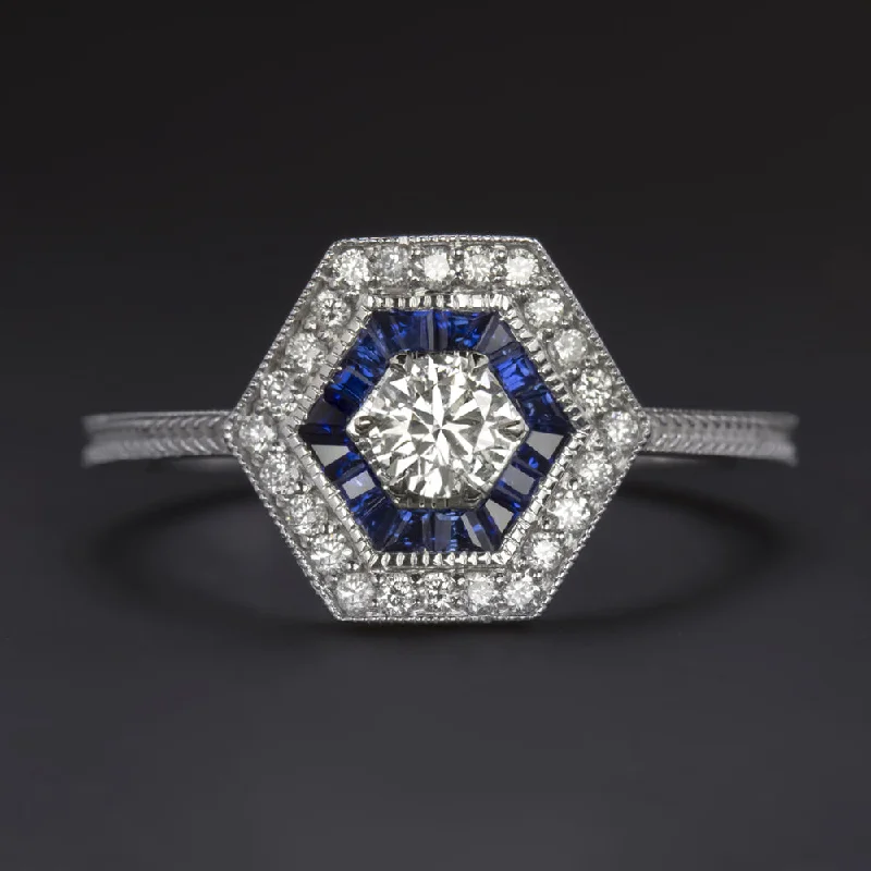 Women’s antique gold engagement ring-DIAMOND SAPPHIRE RING ART DECO VINTAGE STYLE HEXAGON DOUBLE HALO 14k WHITE GOLD