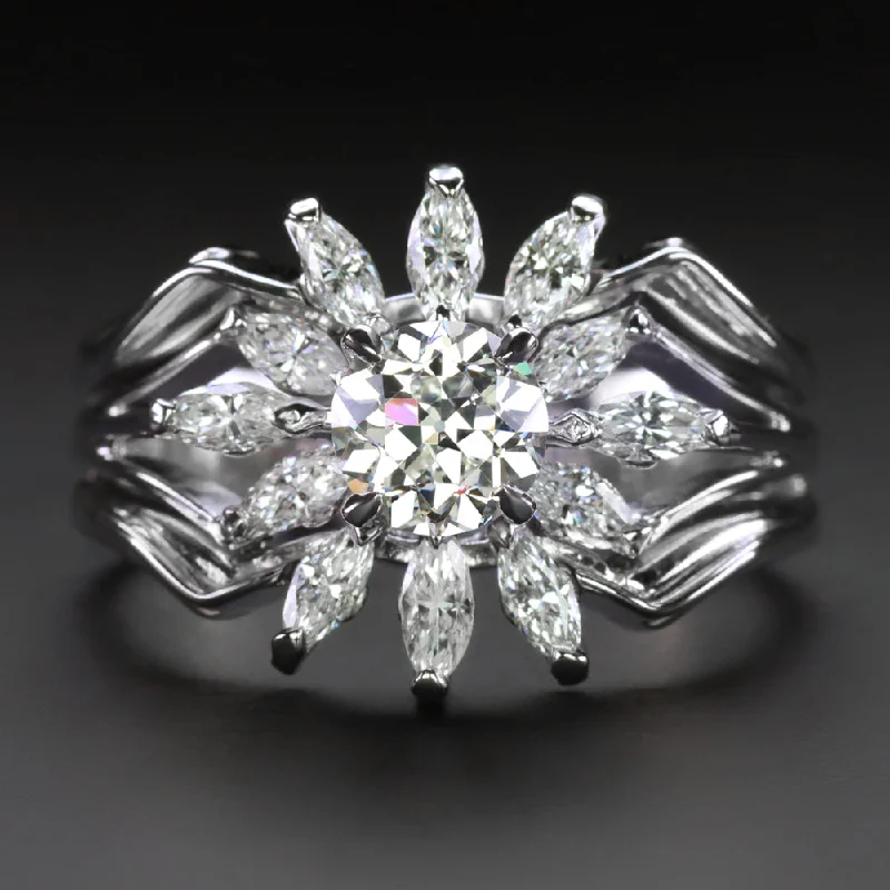 Women’s contemporary engagement ring-1.82ct VINTAGE DIAMOND COCKTAIL RING OLD EUROPEAN CUT MARQUISE HALO WHITE GOLD