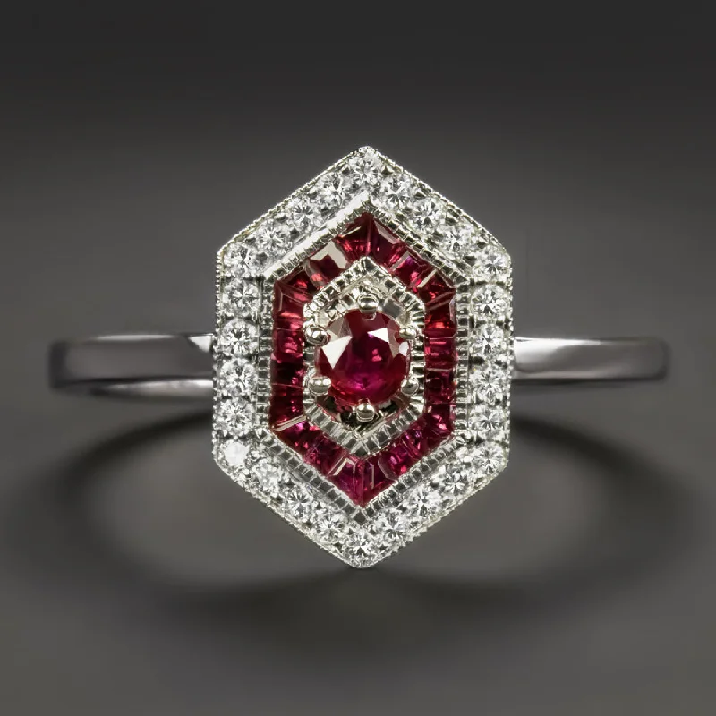 Women’s trendy engagement ring-RUBY DIAMOND COCKTAIL RING ART DECO VINTAGE STYLE HALO TARGET 14k WHITE GOLD