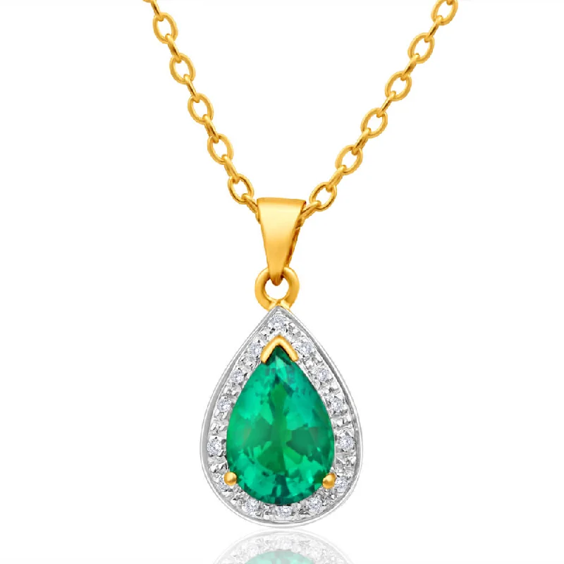 Women’s tropical necklace-9ct Yellow Gold Created Emerald and Diamond Pendant