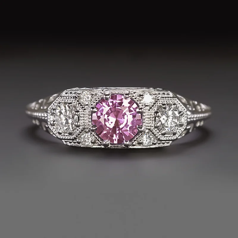 Women’s halo setting engagement ring-VINTAGE STYLE PINK SAPPHIRE DIAMOND 3 STONE RING 14k WHITE GOLD NATURAL ART DECO