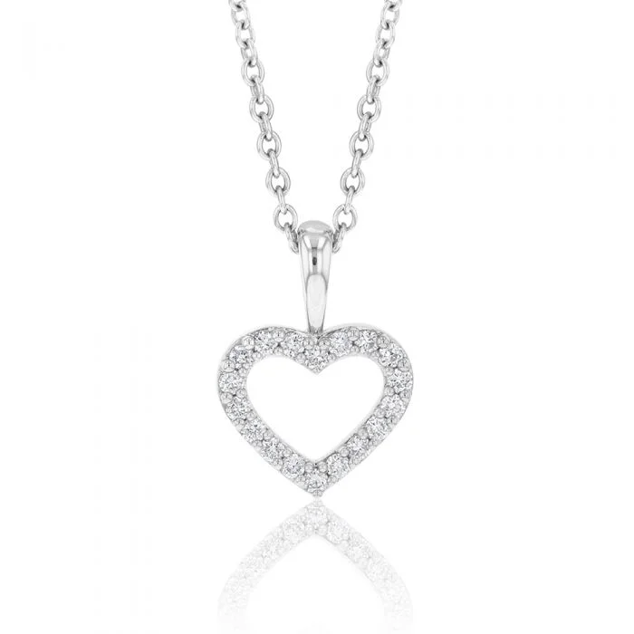 Women’s flower necklace-Memoire 18ct White Gold 0.12 Carat Diamond Open Heart Pendant with Chain