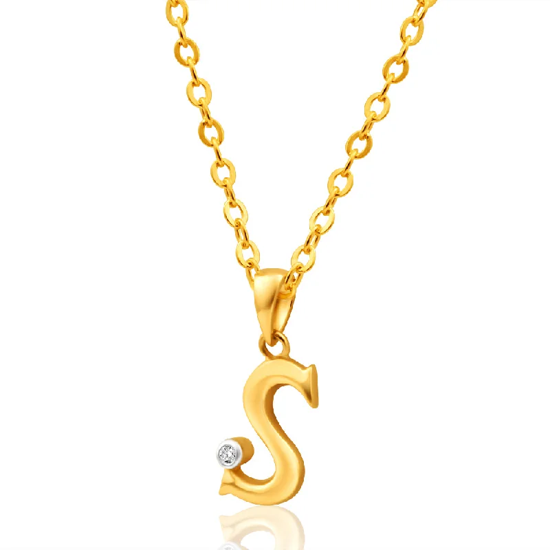 Women’s chain necklace-9ct Yellow Gold Pendant Initial S set with diamond