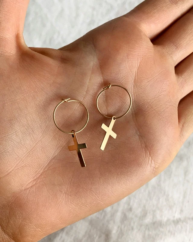 Women’s gemstone earrings-Cross Hoop Earrings  - 14k Yellow Gold Fill