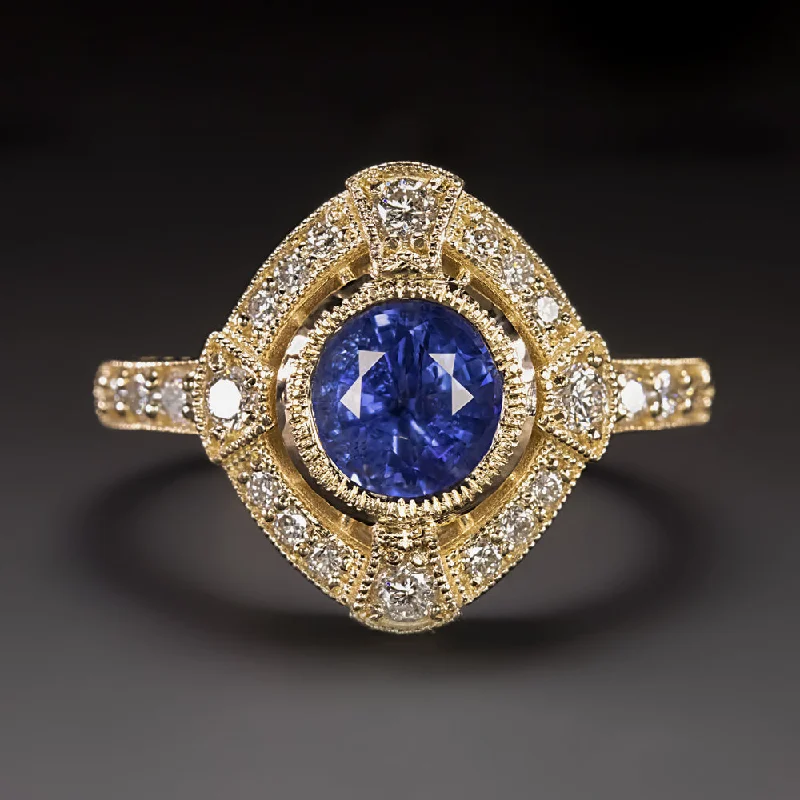 Women’s cushion halo engagement ring-SAPPHIRE DIAMOND COCKTAIL RING VINTAGE STYLE ART DECO HALO 14k YELLOW GOLD ROUND