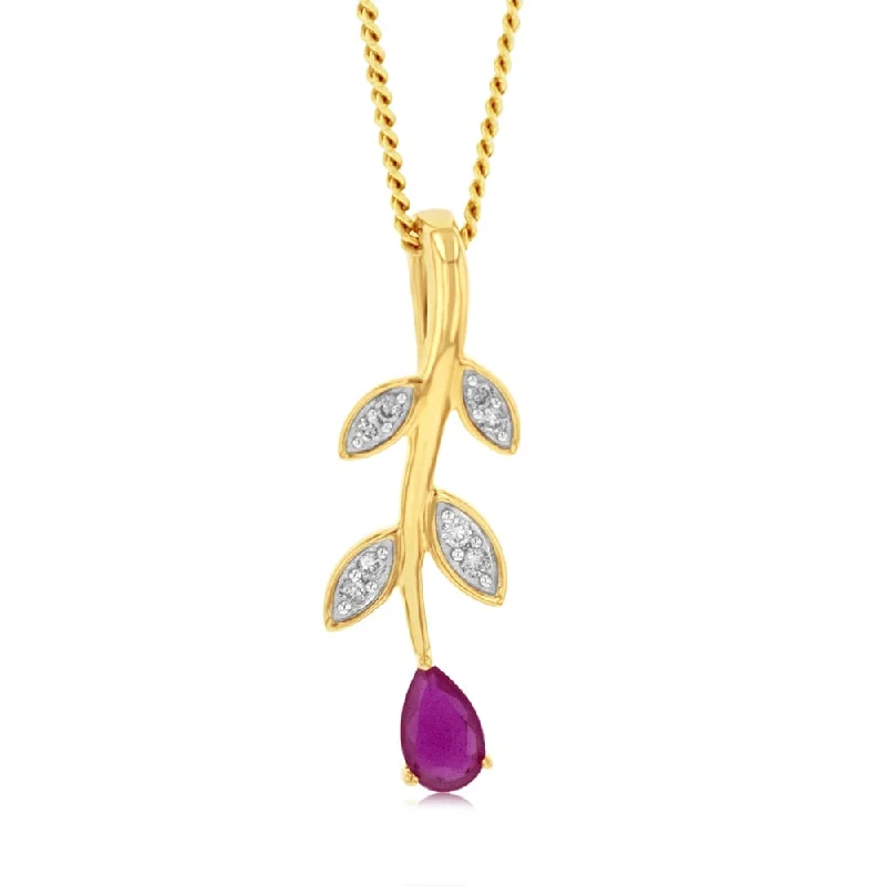 Women’s adjustable gold necklace-9ct Yellow Gold Diamond And Created  Pear Ruby Pendant