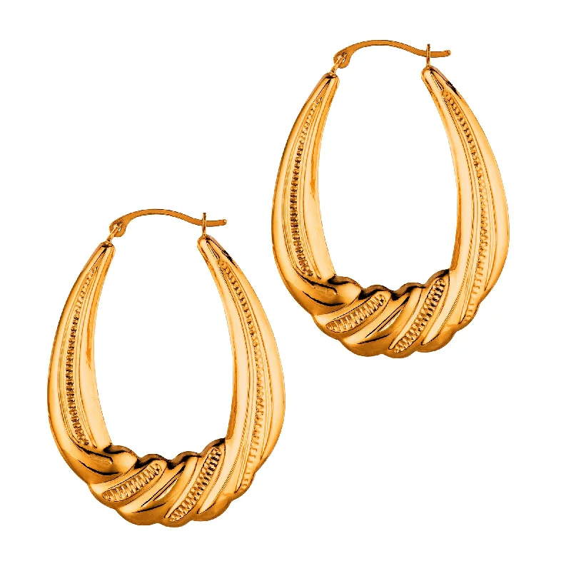 Women’s gold hoop earrings-14K Yellow Gold Textured Oval Shape Hoop Earrings, Length 35mm