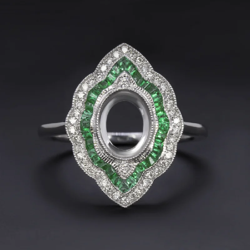 Women’s oval diamond engagement ring-EMERALD DIAMOND OVAL VINTAGE STYLE RING SETTING NAVETTE DOUBLE HALO CALIBRE