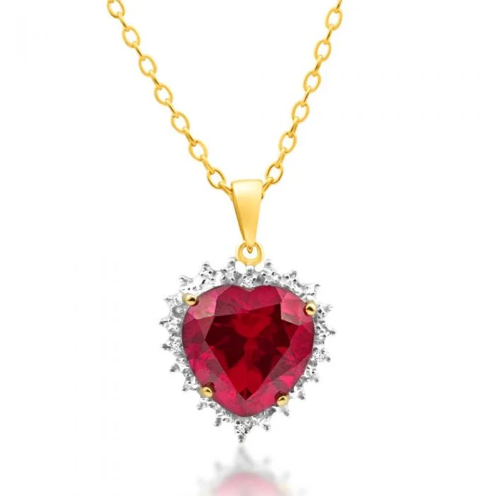 Women’s zodiac necklace-9ct Yellow Gold Created Ruby and Diamond Heart Pendant