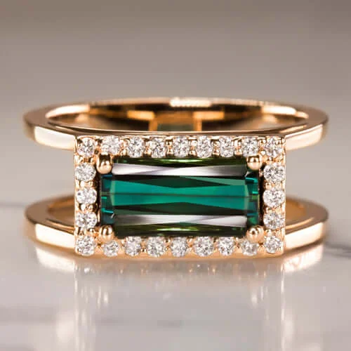 Women’s detailed engagement ring-BLUE GREEN TOURMALINE DIAMOND EMERALD CUT COCKTAIL RING DOUBLE BAND 14 ROSE GOLD