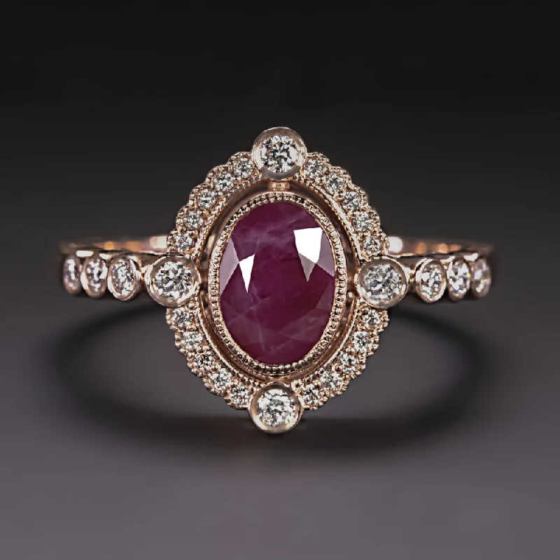 Women’s custom diamond engagement ring-RUBY DIAMOND COCKTAIL RING VINTAGE STYLE SCALLOPED HALO 14k ROSE GOLD NATURAL